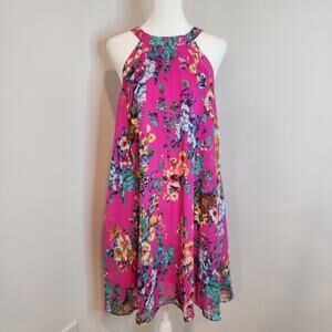 Vintage Betsey Johnson Womans 4 Sleeveless Bright Pink Floral Halter Shift Dress